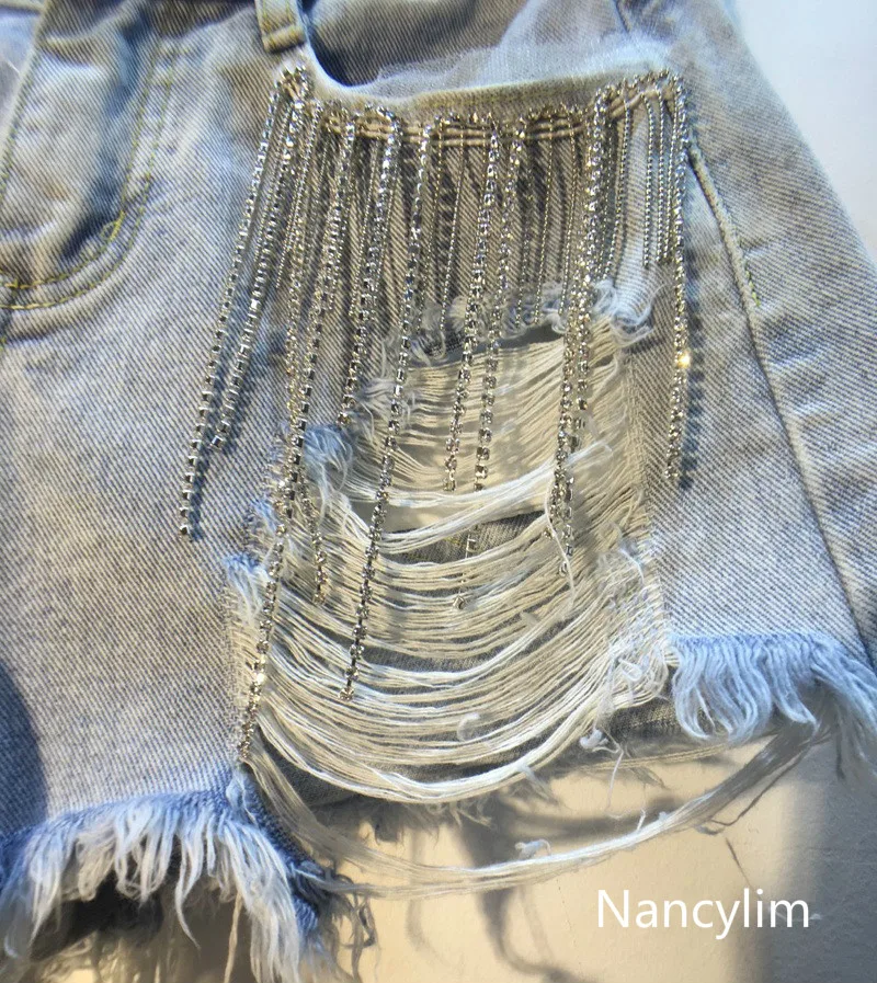 NANCYLIM/Брендовые джинсовые шорты для женщин; Новинка года; летние джинсовые шорты с высокой талией и кисточками; женские джинсовые шорты с тонкими дырками