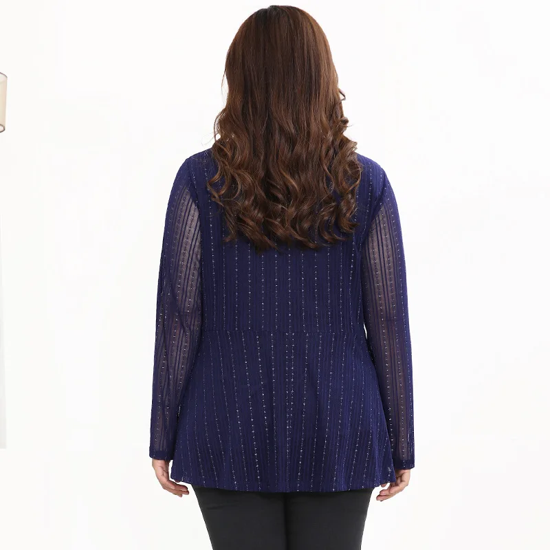 Размера плюс 10XL 8XL 6XL 4XL модные женские туфли одежда с длинным рукавом Весна рубашка Femme V образным вырезом в полоску Тонкий класса «Люкс» из сетчатой ткани футболки для Mujer