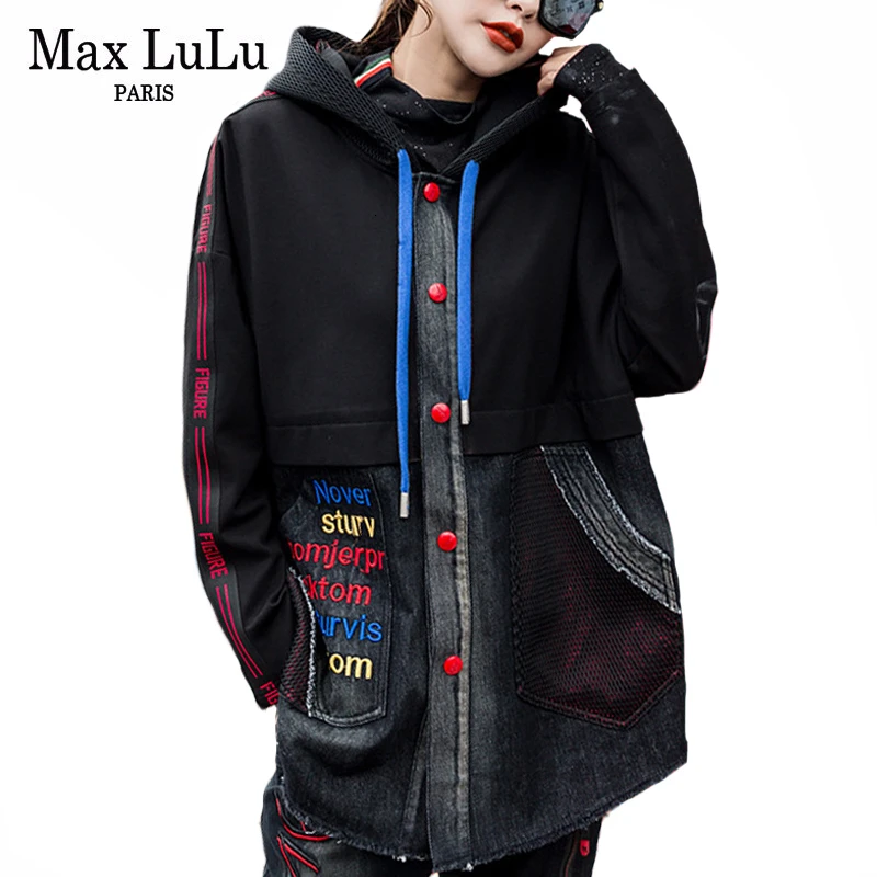 

Max LuLu Fashion Korean Autumn Ladies Mesh Punk Clothes Womens Hooded Denim Printed Jackets Vintage Embroidery Coats Plus Size