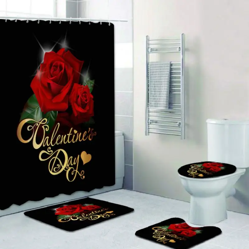 

3D Digital Printing Shower Curtain Bathroom Floor Mat Base Mat Toilet Mat Set Romantic Red Rose Home Supplies