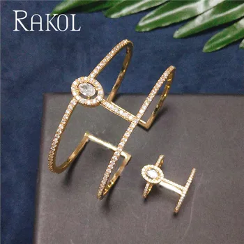 

RAKOL New Arrival Round Shape Exquisite Micro Pave Cuff Bracelets Bangle & Open Ring Set For Women Men Jewelry Bijoux RS31766