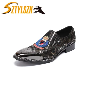 

Plus Size 39-47 Men Dress Shoes Genuine leather Luxury Fashion Groom Wedding Shoes Men Oxford shoes Metal toes slip-on Shoes