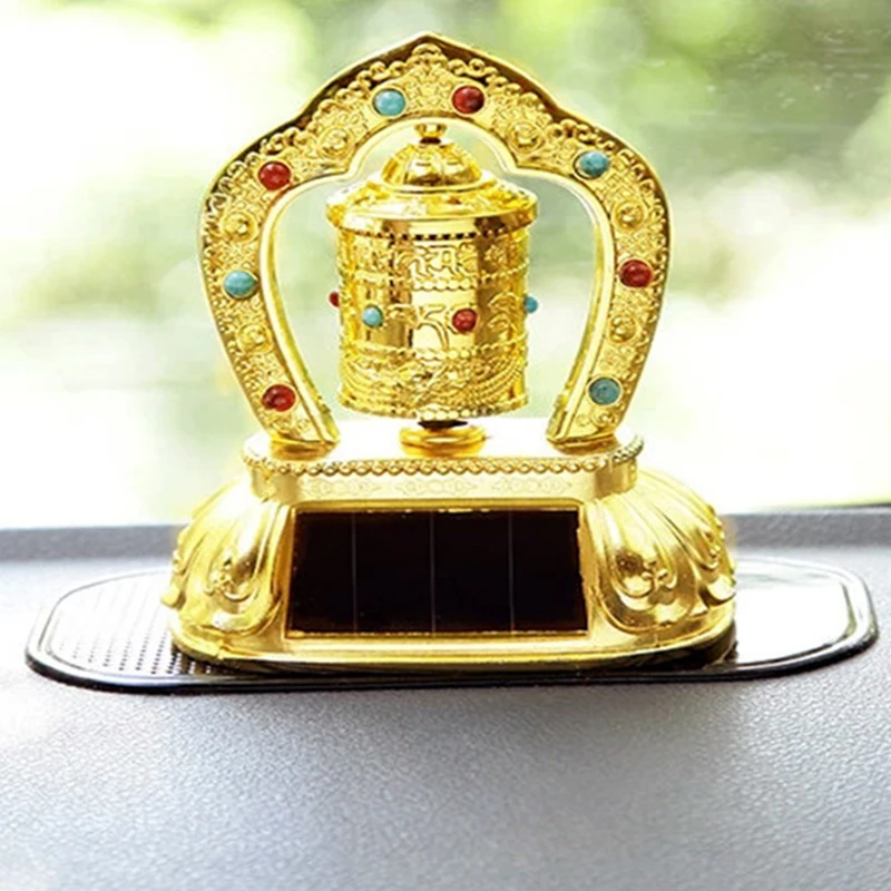 Car Ornament Solar Energy Prayer Wheel Buddhist Tibetan Zinc Alloy