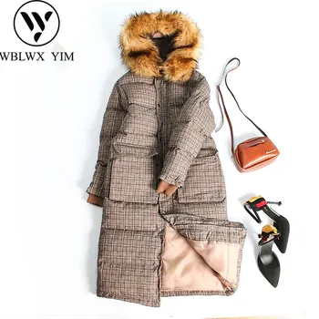 

Fashion Plaid Big Fur collar Winter Jacket Women High Quality Cotton Padded parkas Warm Hooded Cotton Coats Thick Long Overcoat