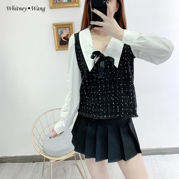 

WHITNEY WANG Blouses 2020 Spring Fashion Streetwear Vintage Style Tweed Patchwork Blouse Women Blusas Lady Shirt Top