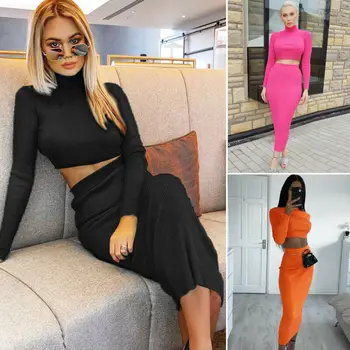 

2Pcs Womens Long Sleeve Crop Sweater Bodycon Skirt Sets Casual Knit Midi Dress