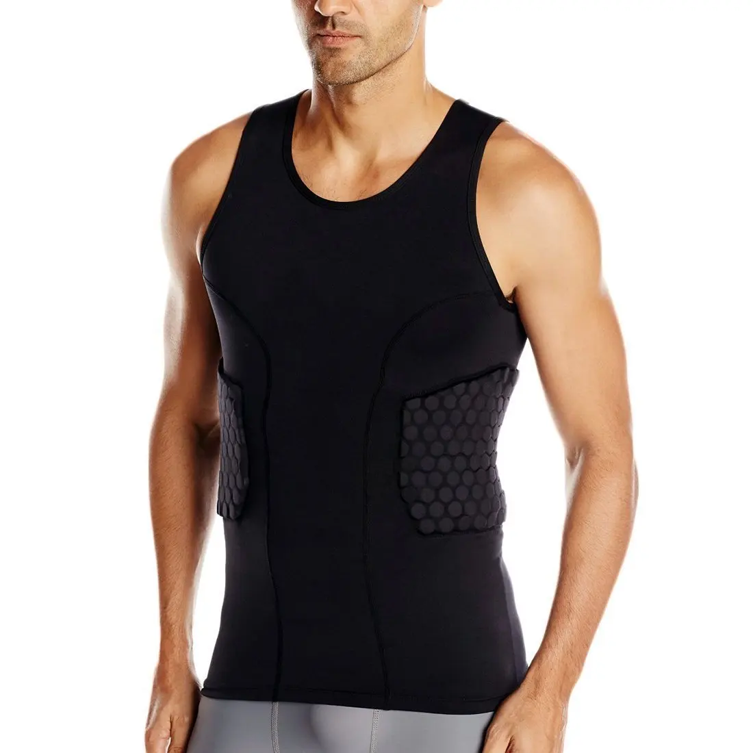 Men's Rib Protector Padded Vest Compression Shirt Training Vest with 3-Pad for Football Soccer Basketball Hockey Protective Gear