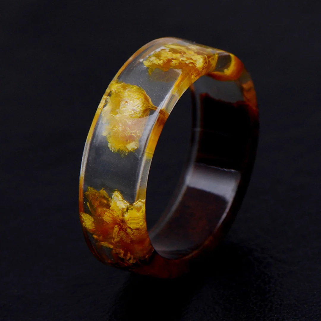 Dried Flower Resin Wood Ring Man Transparent Finger Ring Charm Plant Wood Bohemian Rings For Women Handmade Jewelry Party Gift