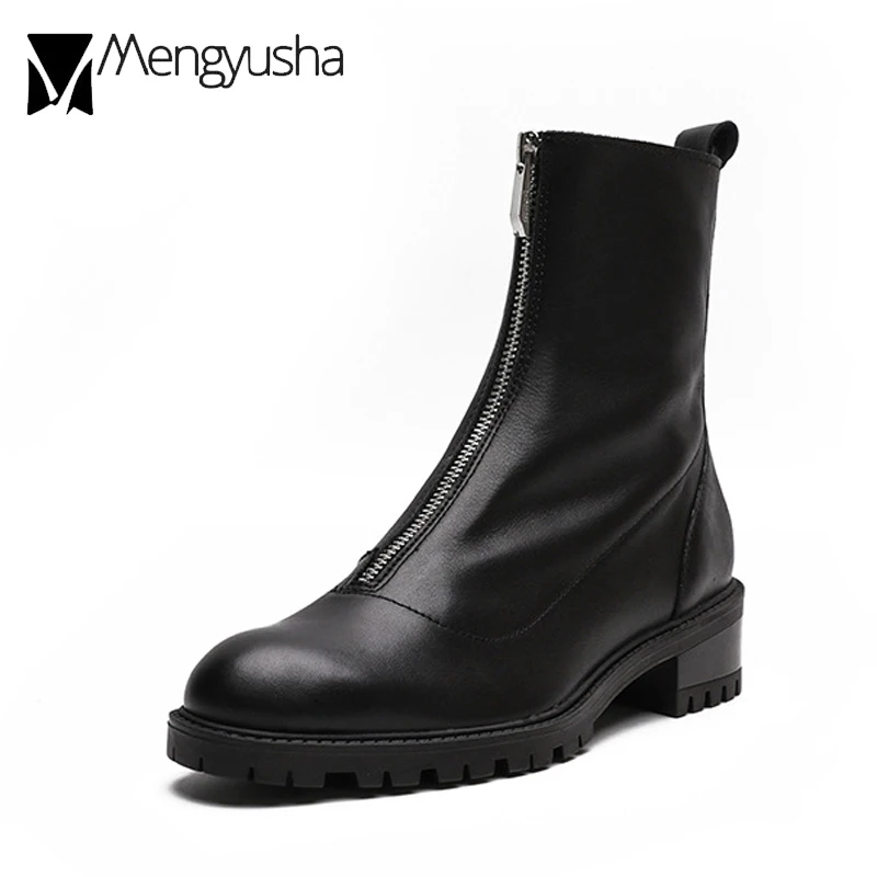 

2019 Women Soft Leather Motorcycle Boots Front Zipper Knight Snow Botas Woman Low Square Heel Martin Boots Winter Footwear Femme