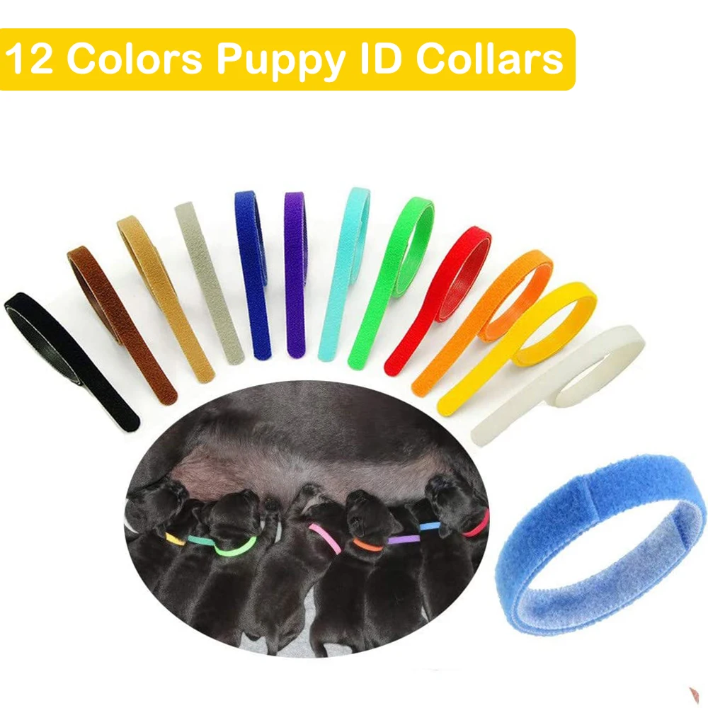 

12 Pcs Puppy Whelping Collars Multicolor Adjustable Double Sided Reusable Comfortable Soft Fabric ID Bands for Small Dogs Cats