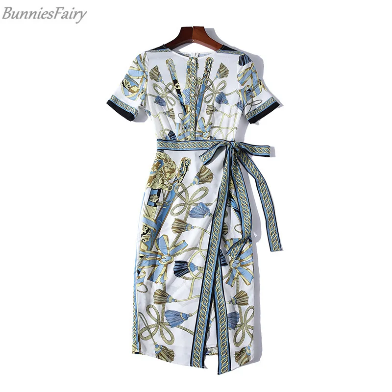 

BunniesFairy 2019 Summer Autumn New Women Runway Tassel Print High Waist Short Sleeve Asymmetrical Dress
