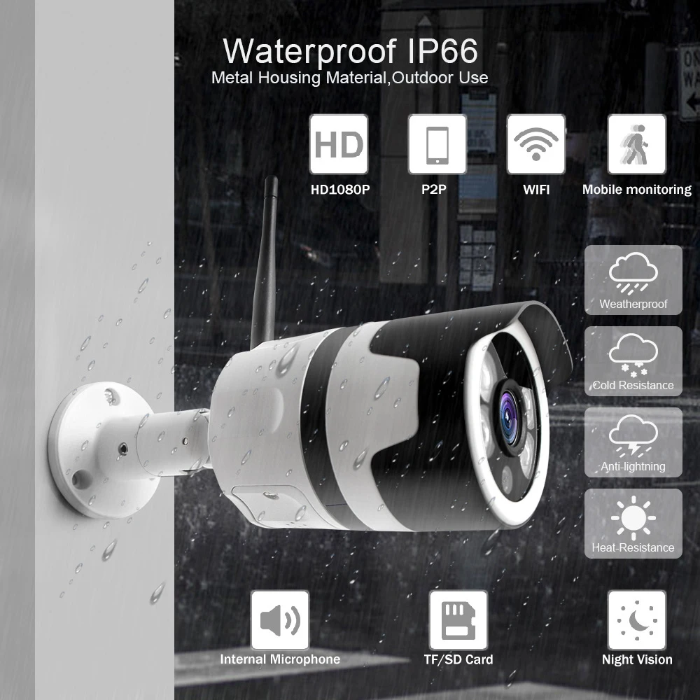 

wifi outdoor IP camera 1080P 720P waterproof 2.0MP wireless security camera metal two way audio TF card record P2P bullet
