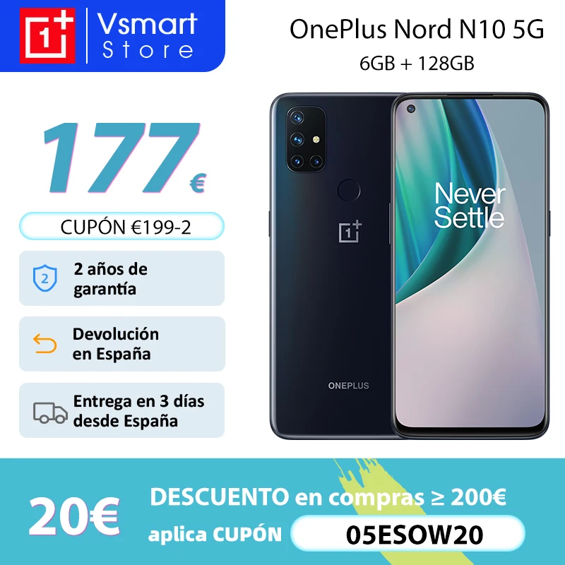 OnePlus Nord N10 5G Smartphone Versión global Snapdragon 690 6GB 128GB 6.49 Pantalla completa de 90Hz 64MP Cámaras cuádruples Carga de la urdimbre 30T; código:05ESOW20(€150-20)05ESOW14(€100-14)