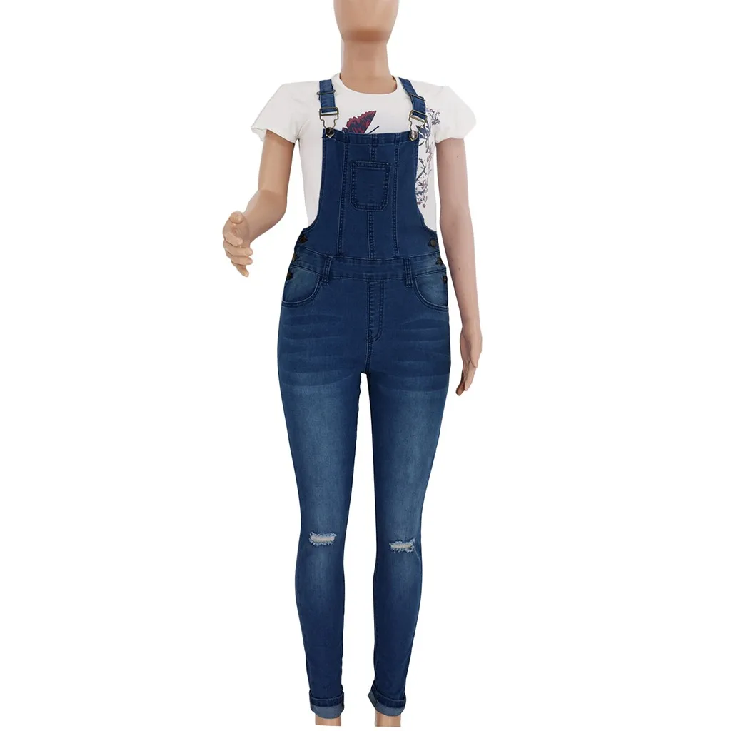Women Casual Pocket Jean Leggings Hole Splice Trouser Rompers Pant Bib Pants Women Denim Slim Elasticity Skinny Pants New
