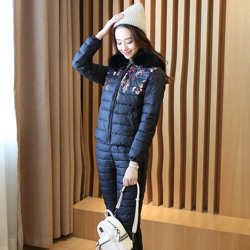 

2019 Autumn And Winter New Style Short Printed Cotton-padded Jacket Leisure Suit Slim Fit Sweet Two-Piece Set Thick down Jacket