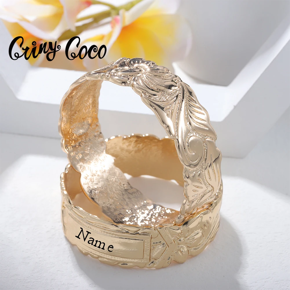 Cring Coco Hawaiian Custom Name Bracelet Women Wide Plumeria Flower Bangle Personalized Polynesian Jewelry for Grandmother Mom