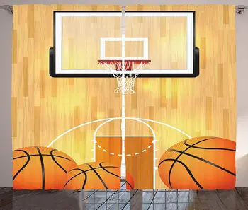 

Sports Curtains Vivid Basketball Court Balls and Hoop Madness Rim Court Parquet Hardwood Living Room Bedroom Window Curtain