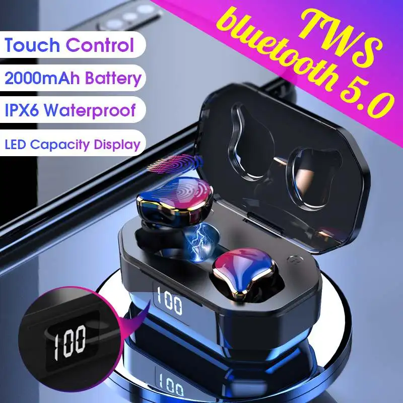TWS, беспроводные bluetooth наушники V5.0, IPX6, водонепроницаемый светодиодный дисплей, 2000 мА/ч, зарядная коробка, отпечаток пальца, сенсорное управление, звук Hifi