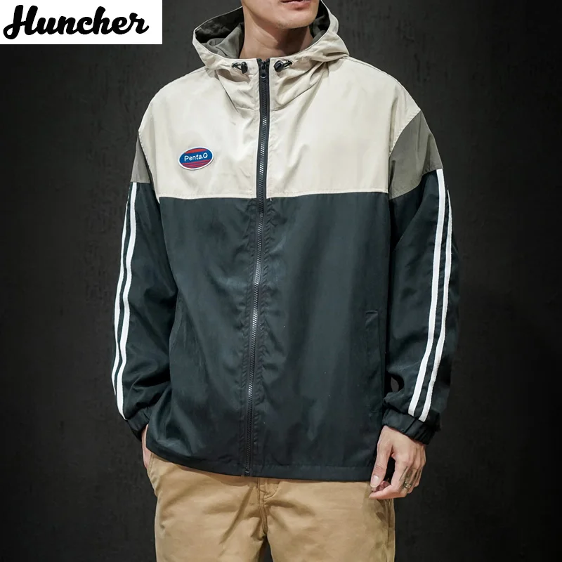 Huncher Men Jacket 2020 Autumn Hooded Windbreaker Korean Style Hip Hop Japanese Streetwear Patchwork Jackets For Male Coat | Мужская