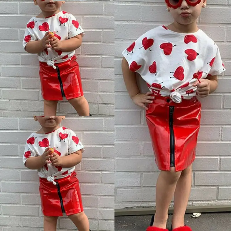 0-5 Years Kid Clothes Sets Baby Girl Love Printed T-shirt Tops and Girls Leather Zip Skirt Summer Outfits baby clothes mini set Baby Clothing Set
