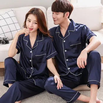 

summer and autumn men's and women's pajamas imitating silk pajamas silk long sleeve short sleeve home clothes set