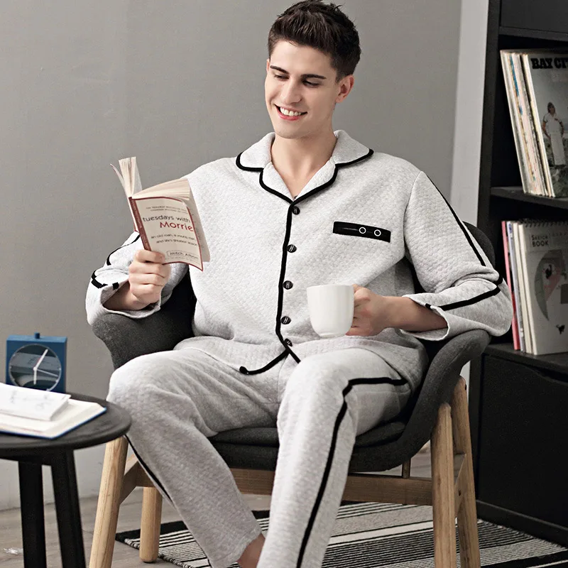 Aolamegs Men Pajamas Set Side Stripe Sleepwear Cotton Soft Thick Fashion Plus Size Simple Style Advanced Warm Pajamas Winter