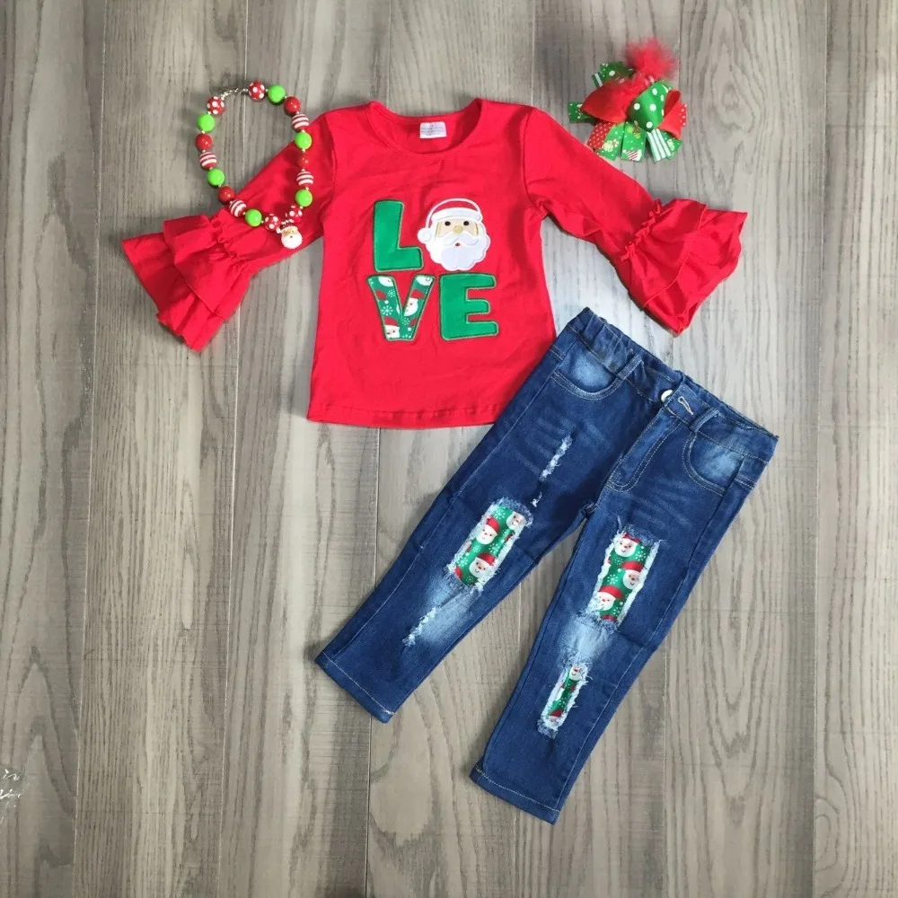 Одежда для маленьких девочек, детские рождественские наряды, футболка с надписью «love santa claus», джинсы с дырками, эксклюзивная Одежда для девочек с аксессуарами