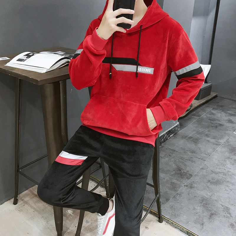 New Mens Gold Velvet Sweatshirt Loose Pants Hoodie Coat Hooded Top 2pcs Set Casual Male Clothing Autumn Winter Letters Printed A - Цвет: 18803 red