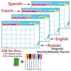 Autocollant magnétique format A3 pour planificateur hebdomadaire, tableau blanc effaçable à sec pour réfrigérateur, russe, anglais, espagnol, français 