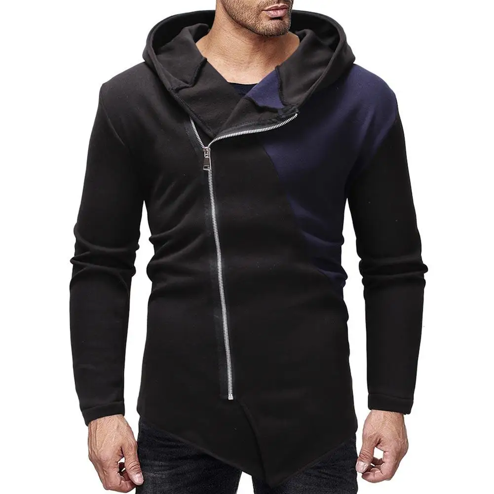 

Fashion Men's Oblique Zip Up Splicing Irregular Hooded Long Sleeve Men Casual Hoodie Pullover