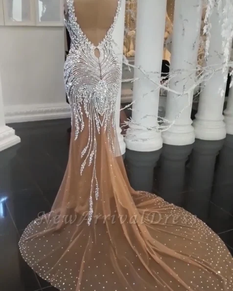 Vestidos De Novia Гламурные Кристаллы бисером Русалка свадебное платье сексуальные v-образным вырезом спинки цвета шампанского Свадебные платья