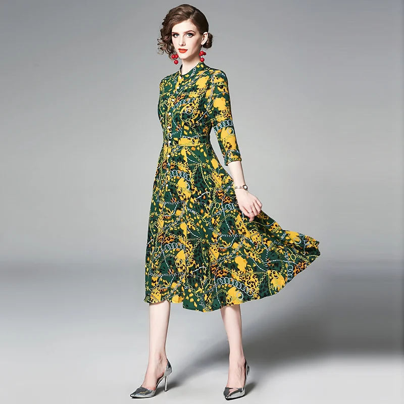 Summer Office Lady Green Yellow Flower Elegant Chain Print Women Dress Casual High Waist Floral Print Party Vintage Female Dress