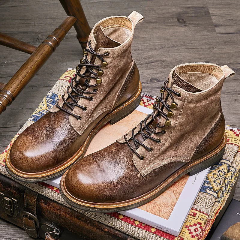 Mens Combat Boots Winter Cowhide Cowboy Boots Male Men High Quality Genuine Leather Ankle Boots Men Casual Shoes Designer Shoes