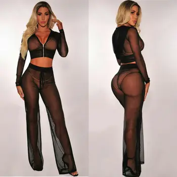 

Women 2 Pieces Set Sheer Mesh Crop Top+Pants Cover Up Long Sleeve Swimwear Beach Sexy Set