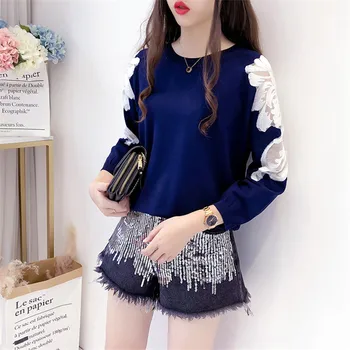 

2020 Spring Autumn New Loose Mesh splice Women's knit Sweaters O-neck long sleeves casual Female Solid knitted Sweater Pullover