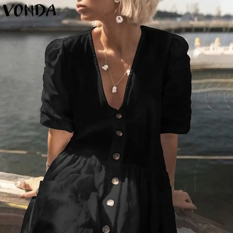 VONDA/женские вечерние платья из хлопка с коротким рукавом и глубоким v-образным вырезом, длинные платья на пуговицах, праздничное плиссированное платье Vestidos размера плюс