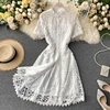 2022 Summer Sweet Party Dress Women High waist Short Sleeve Hollow Lace Dress Elegant Lady A Line Bandage Dresses Vestidos ► Photo 3/6