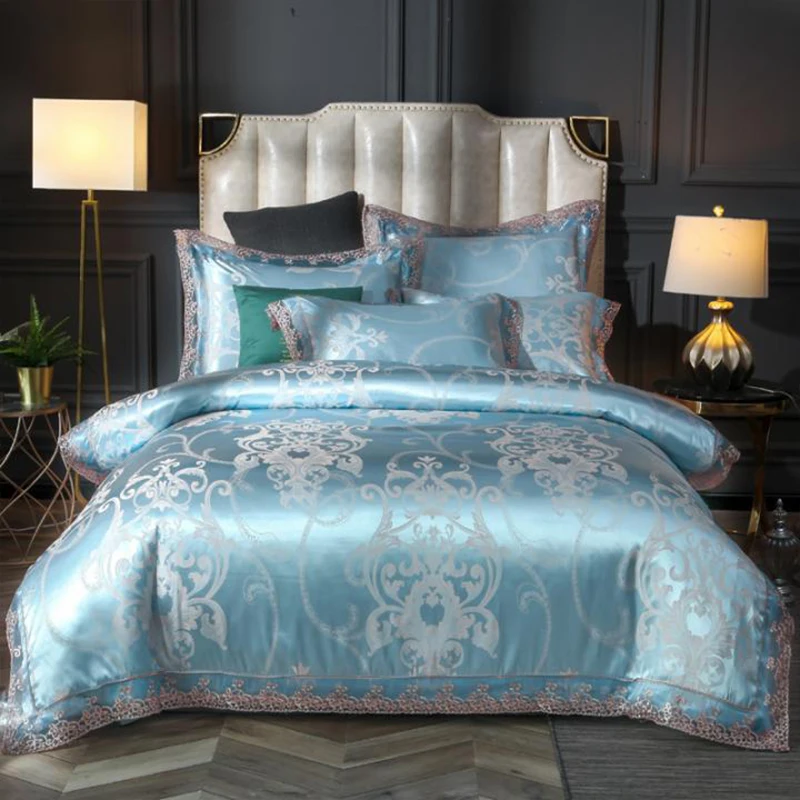 

FUNBAKY 4pcs/Set Silk Comforter Luxury Bedding Sets Satin Jacquard Cotton Duvet Cover Set Bed Linings Pillowcase Home Textile