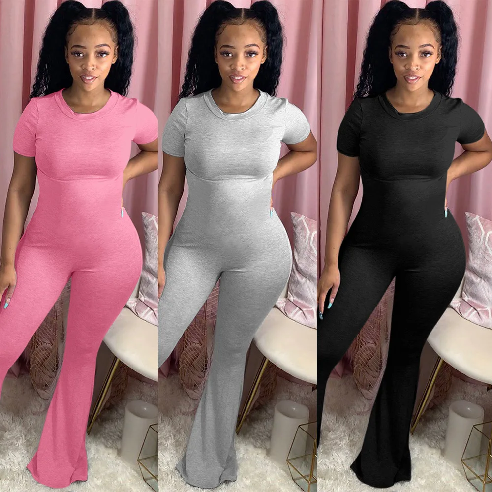 BKLD Women One Piece Jumpsuit Solid 2020 Summer New Sexy Outfits O-neck Short Sleeve Flare Pants Jumpsuits Women Clothing 2020 women two pieces sets summer tracksuits full sleeve o neck tops pants suit sporty fitness print streetwear clubwear outfits