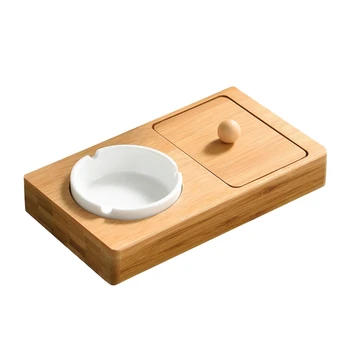 

Best Ashtray Home Bamboo Bottom Tray Ceramic Small Box with Storage Space Cigarette Ashtray Wood Color