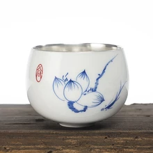 999 Чистое серебро 90 мл чайная чашка Керамическая ручная роспись цветок художественная чайная чашка мастер маленькая чайная чаша чашка для воды чайная посуда контейнер украшение