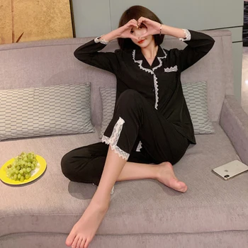 

2020 autumn lace cotton women's pajamas long sleeve trousers casual solid color pajamas set simple and comfortable homewears