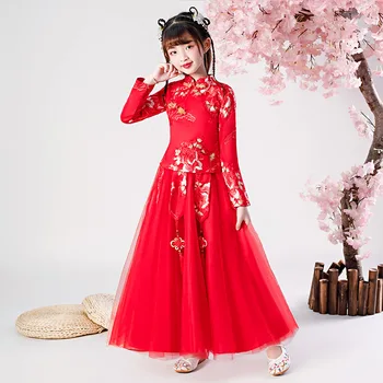 

Children Chinese Traditional Dress Mandarin Collar Elegant Mesh Cheongsam Red Flower Kids New Year Suit Tassel TV Show Clothing