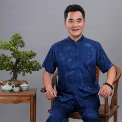 Синий Размер 4XL, длинные штаны с коротким рукавом, костюм кунг-фу, китайский мужской костюм в стиле Танг, сатиновые шелковые комплекты с