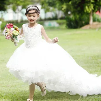 

Gorgeous Long Train Flower Girl Dresses White Lace Applique High Low Girls Pageant Gowns Tulle Ruffles Kid Formal Wear
