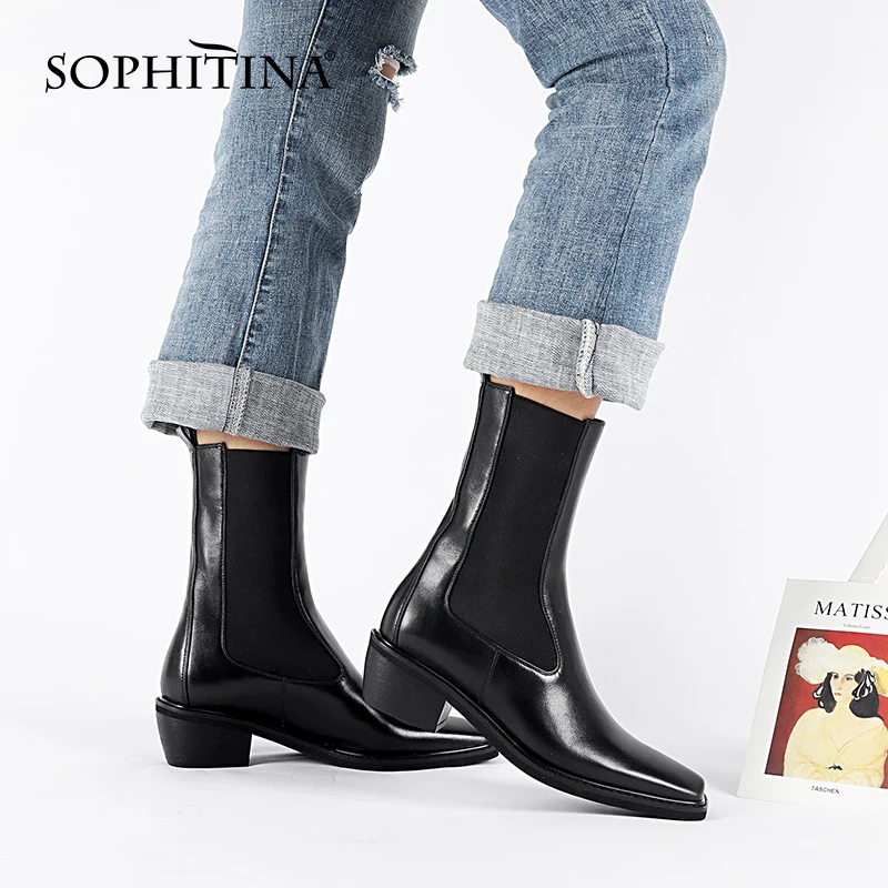 

SOPHITINA New Casual Women's Shoes Genuine Leather Handmade Boots Chelsea Slip-On Square Toe Mid Heel Ladies Ankle Boots C877