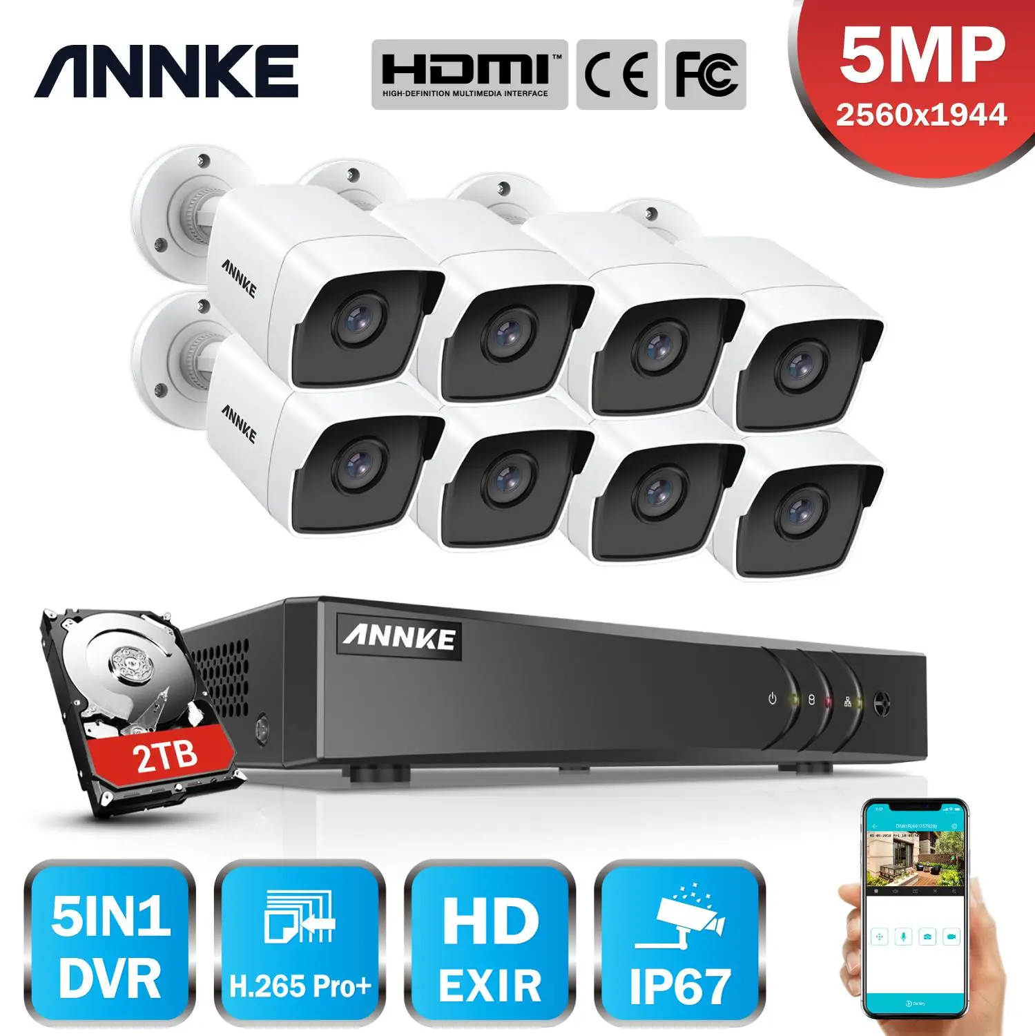 Система видеонаблюдения ANNKE 8 каналов 5 Мп Lite Ultra HD H.265 + DVR всепогодных камер МП TVI |