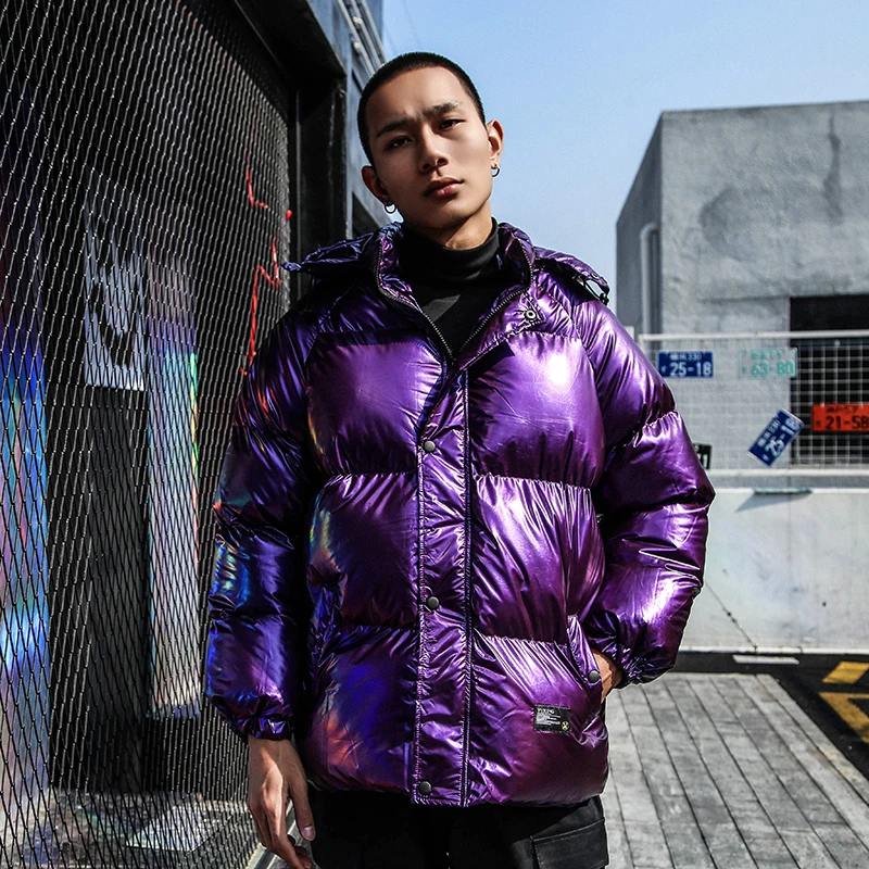 purple Уличная Зимняя Толстая Теплая мужская модная Блестящая серебряная фиолетовая парка куртка с капюшоном в стиле хип-хоп стеганая хлопковая верхняя одежда с капюшоном - Цвет: purple