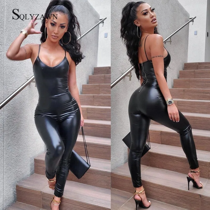 

Solid Black PU Leather Clubwear Bodycon Jumpsuit Women V-neck Backless Strapless Sexy Skinny Jumpsuit Summer Tracksuit Rompers