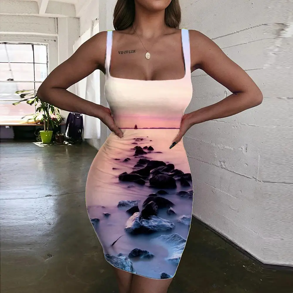 

KYKU Brand Landscape Dresses Women Ocean 3d Print Sunset Sundress Romantic Bodycon Dress Womens Clothing Mini Evening New Boho